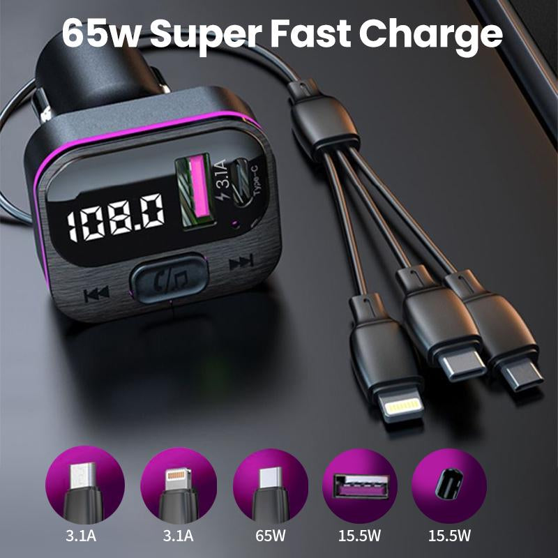 Ultimate 5 in 1 Fast Charging Car Charger with FM Transmitter & Bluetooth - Your On-the-Go Multimedia Solution!