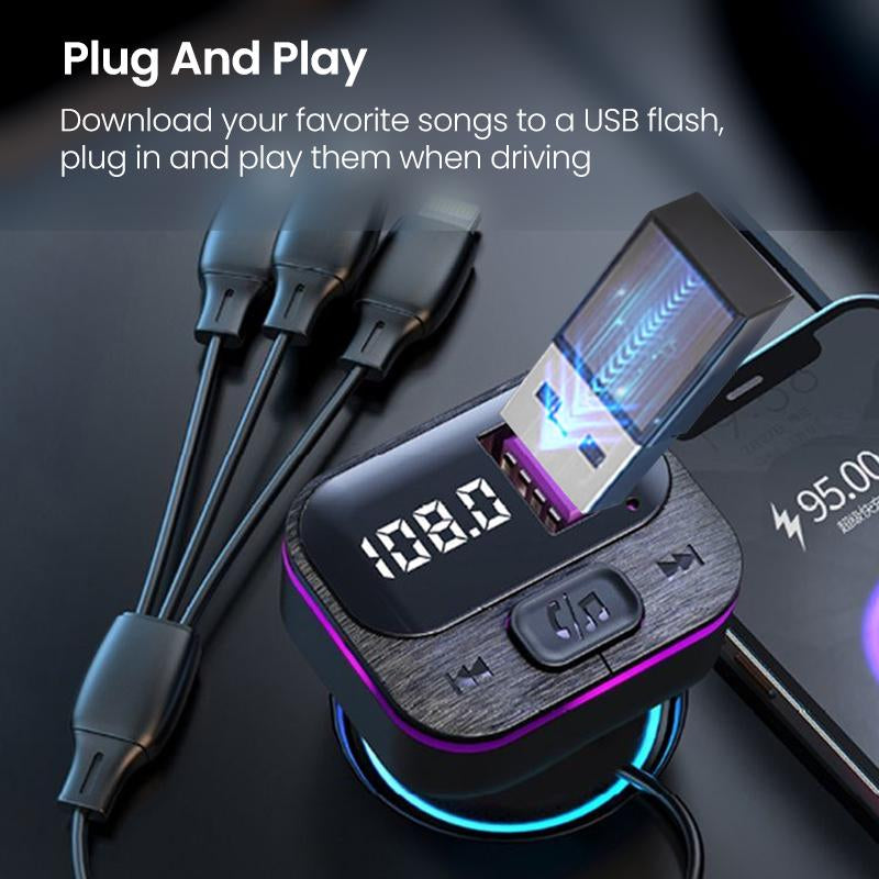 Ultimate 5 in 1 Fast Charging Car Charger with FM Transmitter & Bluetooth - Your On-the-Go Multimedia Solution!