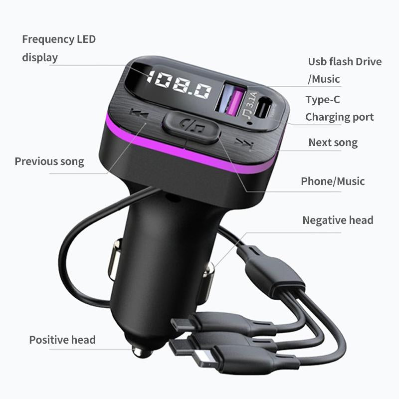 Ultimate 5 in 1 Fast Charging Car Charger with FM Transmitter & Bluetooth - Your On-the-Go Multimedia Solution!