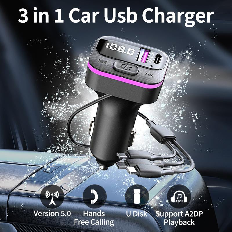 Ultimate 5 in 1 Fast Charging Car Charger with FM Transmitter & Bluetooth - Your On-the-Go Multimedia Solution!