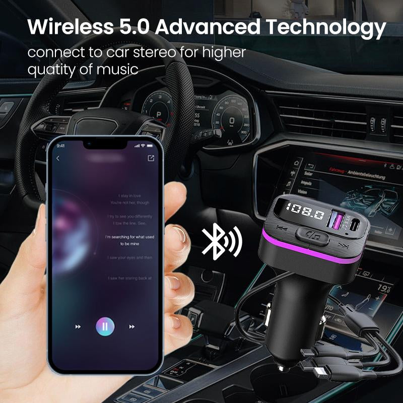 Ultimate 5 in 1 Fast Charging Car Charger with FM Transmitter & Bluetooth - Your On-the-Go Multimedia Solution!